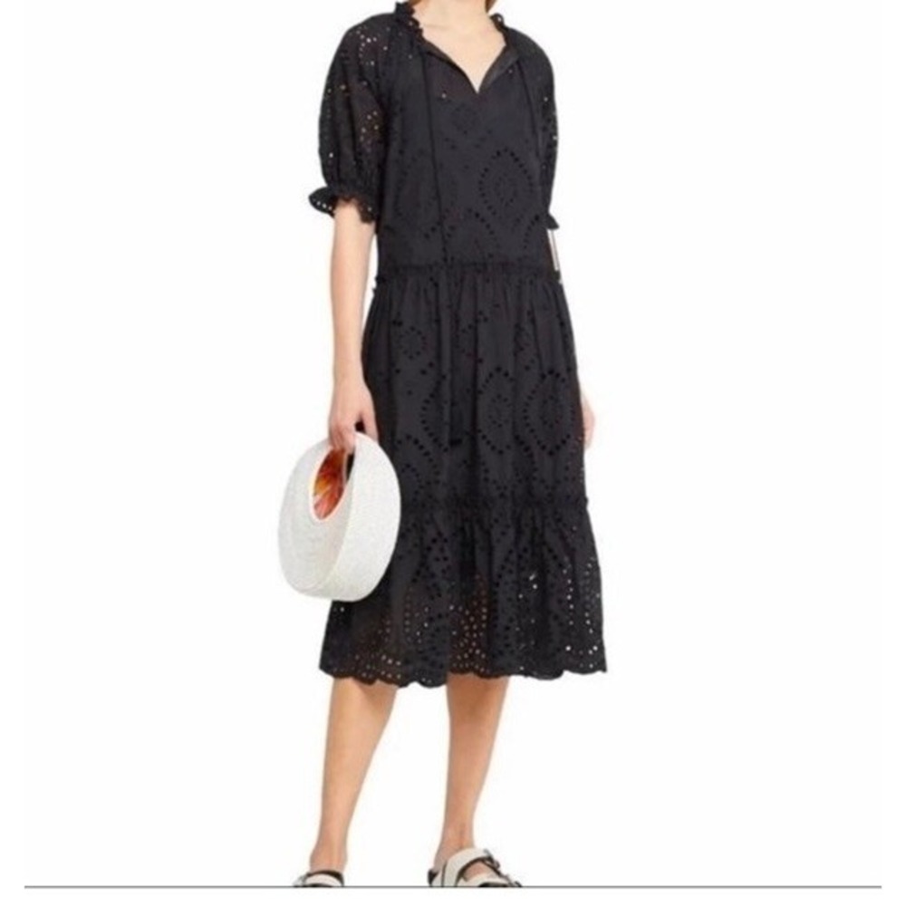O.P.T. Black Cotton Eyelet Embroidered Midi Dress Tiered XS Puff Sleeve